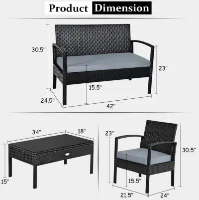 4 Pieces Patio Rattan Cushioned Furniture Set with Loveseat and Table