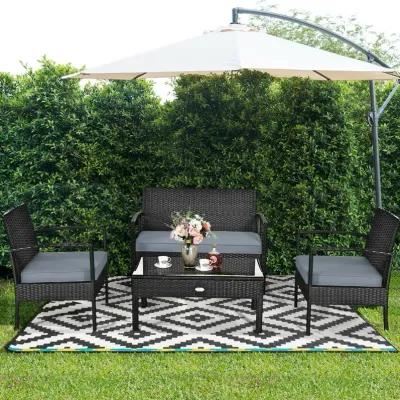 4 Pieces Patio Rattan Cushioned Furniture Set with Loveseat and Table