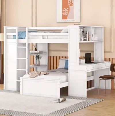 Merax Loft Bed with Storage Shelves and Wardrobe