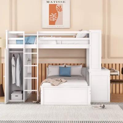 Merax Loft Bed with Storage Shelves and Wardrobe