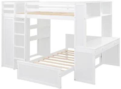 Merax Loft Bed with Storage Shelves and Wardrobe