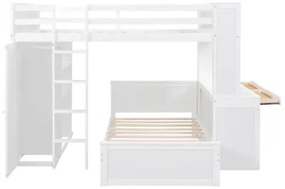 Merax Loft Bed with Storage Shelves and Wardrobe