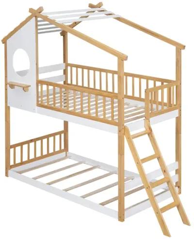 Twin Over Twin Bunk Bed Wood Bed With Roof, Window, Ladder, Natural