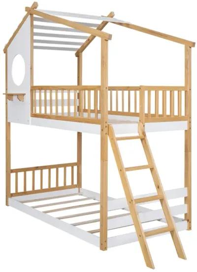 Twin Over Twin Bunk Bed Wood Bed With Roof, Window, Ladder, Natural