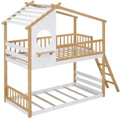 Twin Over Twin Bunk Bed Wood Bed With Roof, Window, Ladder, Natural