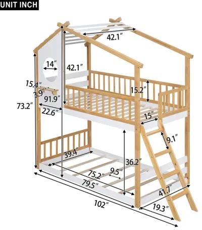 Twin Over Twin Bunk Bed Wood Bed With Roof, Window, Ladder, Natural