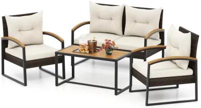 4 Pieces Patio Conversation Set with Acacia Wood Armrests and Tabletop and Cushions-White