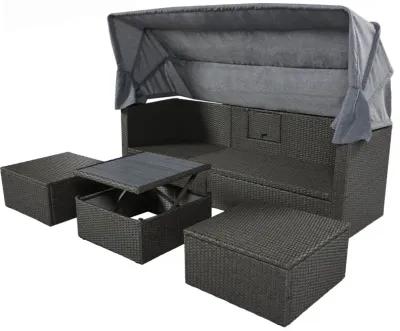 Outdoor Patio Rectangle Daybed With Retractable Canopy, Wicker Furniture Sectional Seating