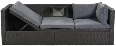 Outdoor Patio Rectangle Daybed With Retractable Canopy, Wicker Furniture Sectional Seating