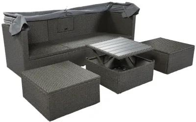 Outdoor Patio Rectangle Daybed With Retractable Canopy, Wicker Furniture Sectional Seating