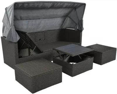 Outdoor Patio Rectangle Daybed With Retractable Canopy, Wicker Furniture Sectional Seating