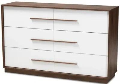 Mette Mid-Century Modern White and Walnut Finished 6-Drawer Wood Dresser