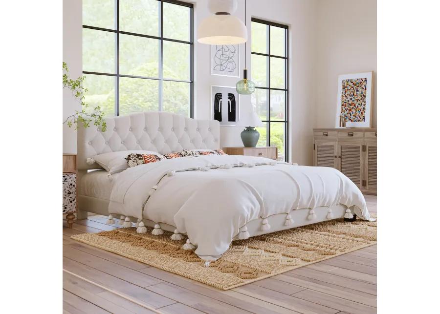 Merax Upholstered Platform Bed with Saddle Curved Headboard and Diamond Tufted Details