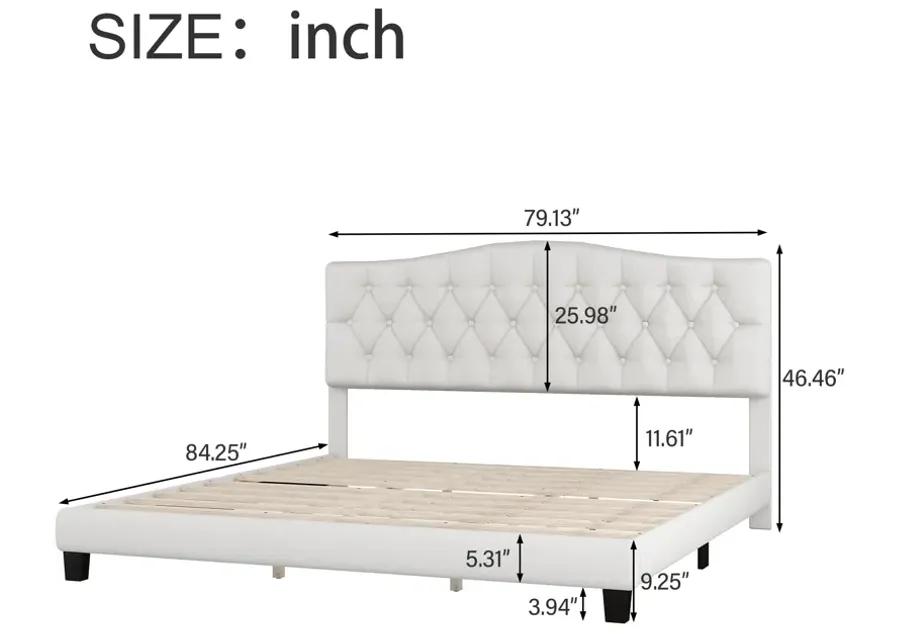 Merax Upholstered Platform Bed with Saddle Curved Headboard and Diamond Tufted Details