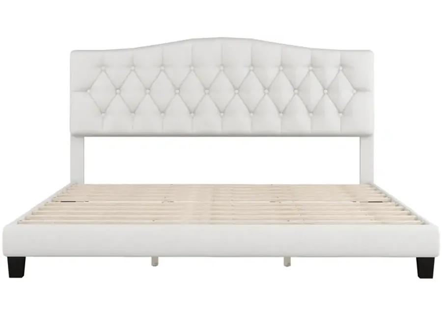 Merax Upholstered Platform Bed with Saddle Curved Headboard and Diamond Tufted Details