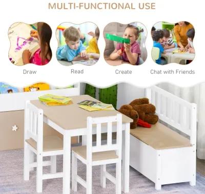 Qaba 4-Piece Kids Table Set with 2 Wooden Chairs, 1 Storage Bench, and Interesting Modern Design, Grey/White