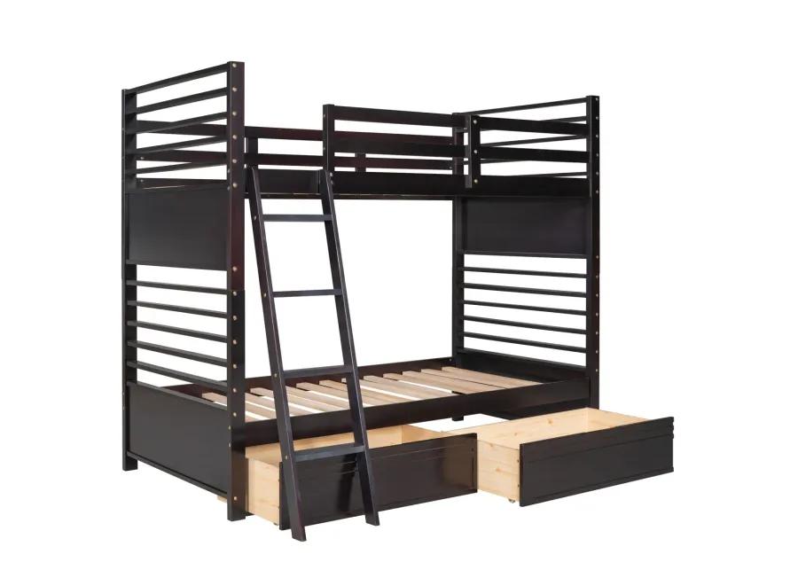 Twin over Twin Wood Bunk Bed with Two Drawers - Espresso�