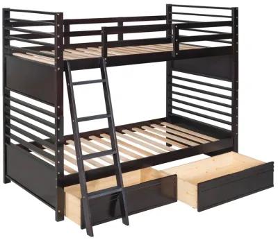 Twin over Twin Wood Bunk Bed with Two Drawers - Espresso�