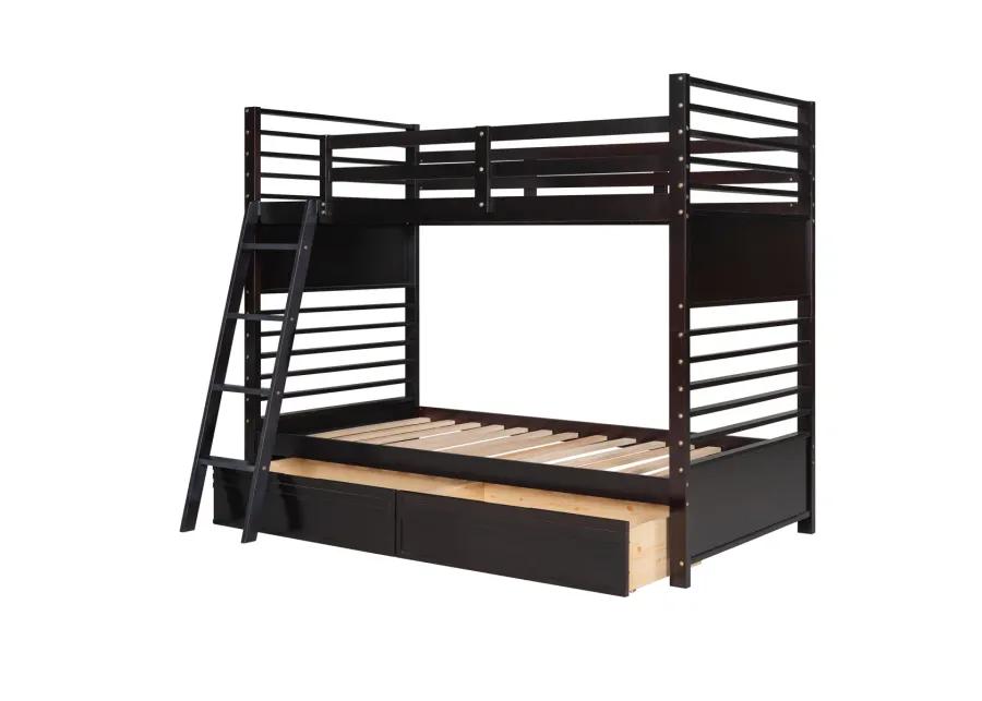 Twin over Twin Wood Bunk Bed with Two Drawers - Espresso�