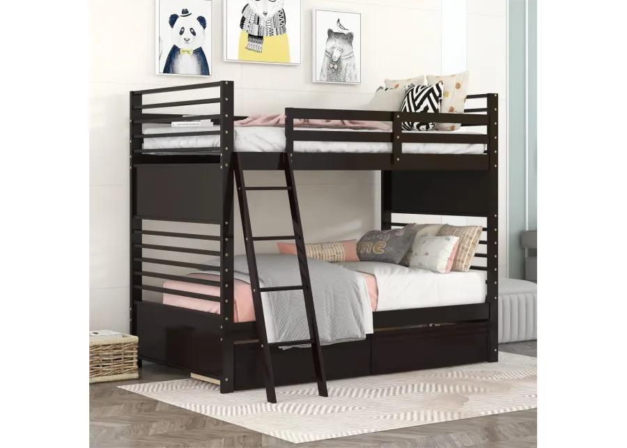 Twin over Twin Wood Bunk Bed with Two Drawers - Espresso�