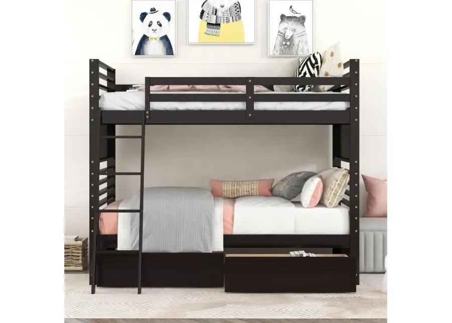 Twin over Twin Wood Bunk Bed with Two Drawers - Espresso�