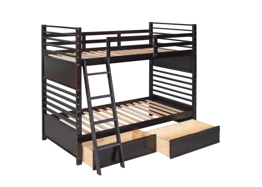 Twin over Twin Wood Bunk Bed with Two Drawers - Espresso�