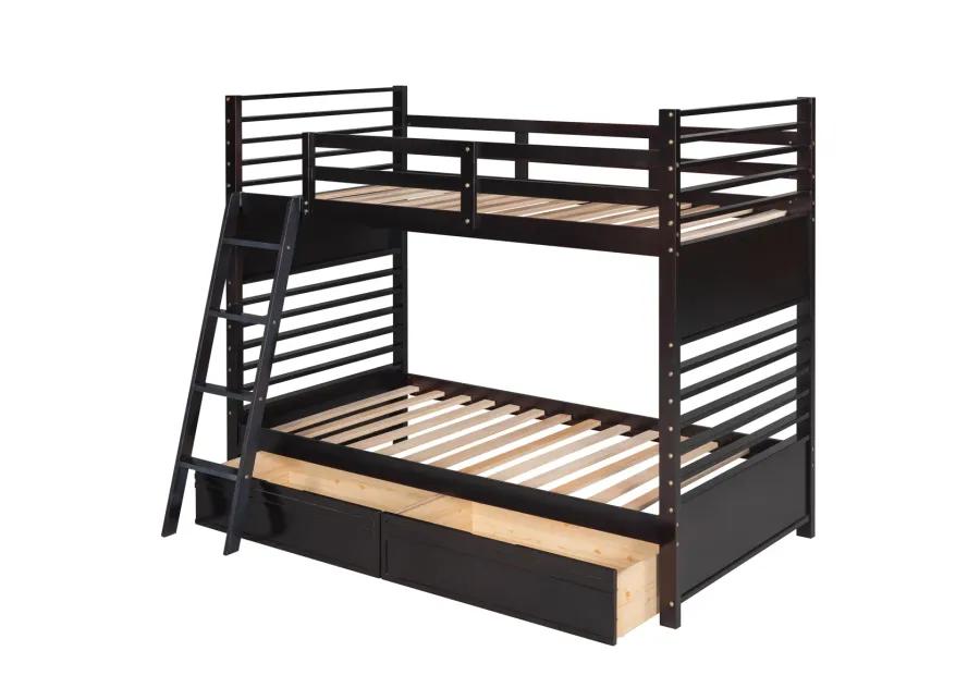 Twin over Twin Wood Bunk Bed with Two Drawers - Espresso�