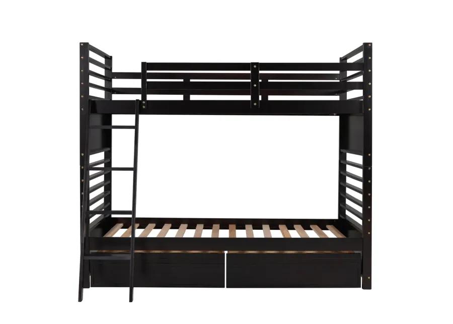 Twin over Twin Wood Bunk Bed with Two Drawers - Espresso�