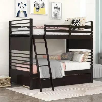 Twin over Twin Wood Bunk Bed with Two Drawers - Espresso�