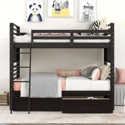 Twin over Twin Wood Bunk Bed with Two Drawers - Espresso�