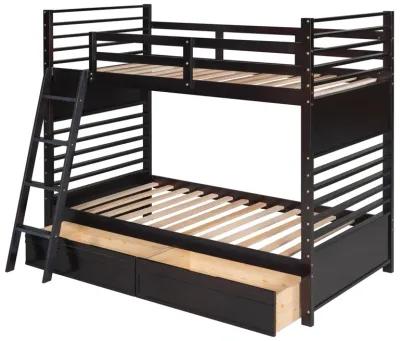 Twin over Twin Wood Bunk Bed with Two Drawers - Espresso�