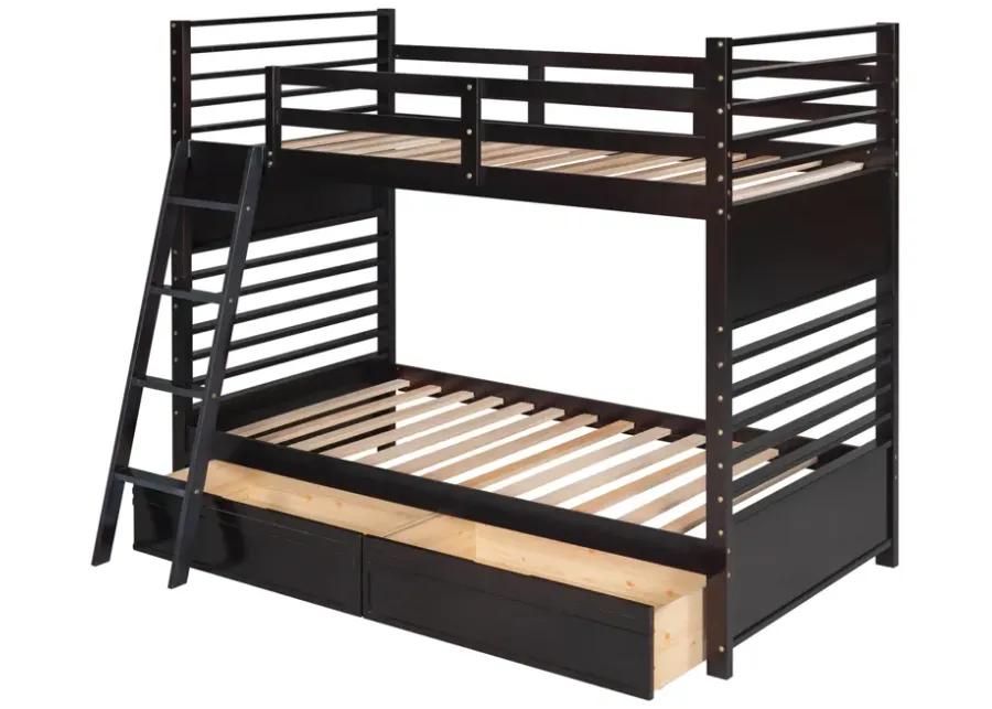 Twin over Twin Wood Bunk Bed with Two Drawers - Espresso�