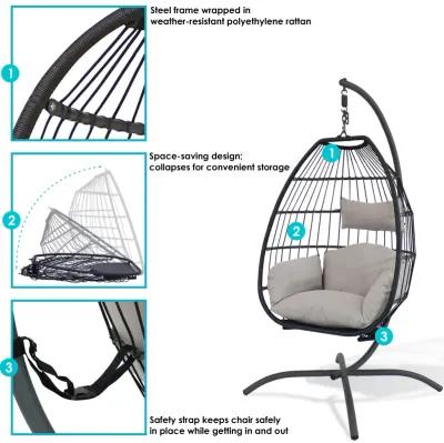 Sunnydaze Resin Wicker Hanging Egg Chair with Steel Stand/Cushions - Gray