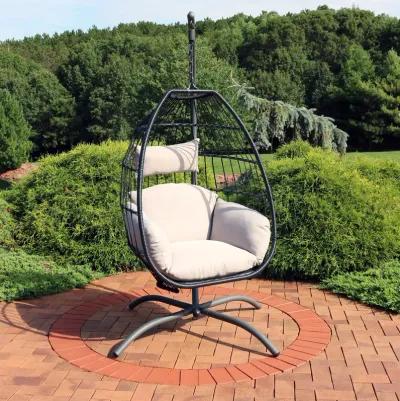 Sunnydaze Resin Wicker Hanging Egg Chair with Steel Stand/Cushions - Gray