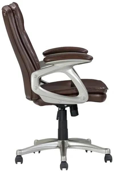 28 Inch Office Gaming Chair, 360 Degree Swivel, Silver, Brown Faux Leather - Benzara