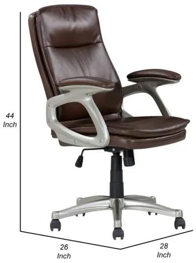 28 Inch Office Gaming Chair, 360 Degree Swivel, Silver, Brown Faux Leather - Benzara