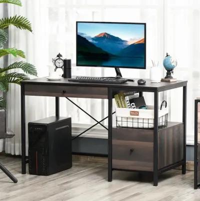 Walnut Brown Office Desk: PC Study Table with File Drawer