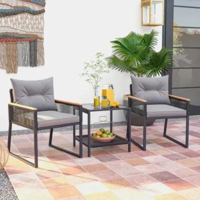 Hivvago 3 Pieces Patio Furniture Set with 2 Tier Coffee Table and Soft Seat Cushions