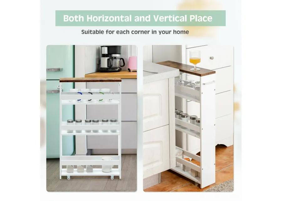 4 Tiers Rolling Slim Storage Kitchen Organizer Cart with Handle-White