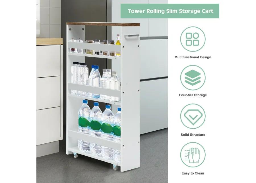 4 Tiers Rolling Slim Storage Kitchen Organizer Cart with Handle-White