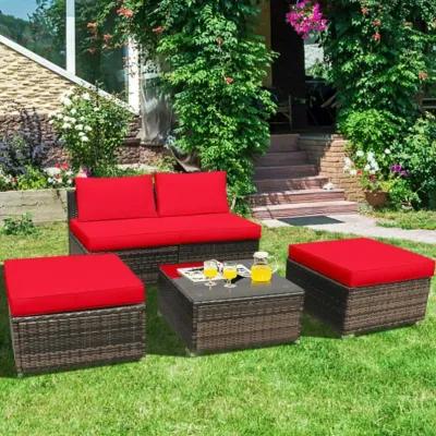 Hivvago 5 Pieces Patio Rattan Furniture Set with Cushioned Armless Sofa-Red