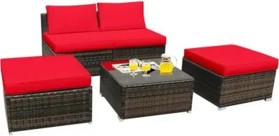 Hivvago 5 Pieces Patio Rattan Furniture Set with Cushioned Armless Sofa-Red