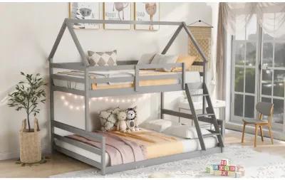 Twin Over Full House Bunk Bed with Built-in Ladder