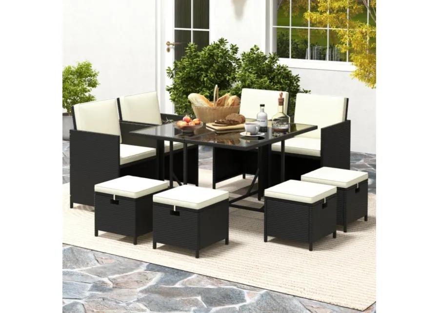 Hivvago 9 Pieces Outdoor Dining Furniture Set with Tempered Glass Table and Ottomans