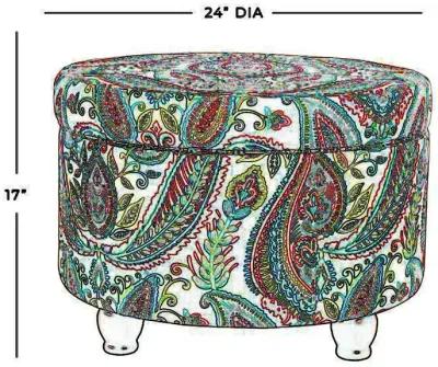 Paisley Pattern Fabric Upholstered Wooden Ottoman with Hidden Storage, Multicolor - Benzara