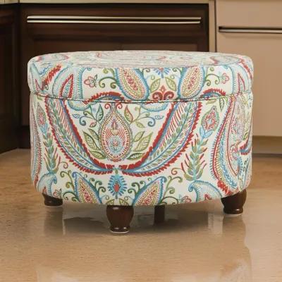 Paisley Pattern Fabric Upholstered Wooden Ottoman with Hidden Storage, Multicolor - Benzara