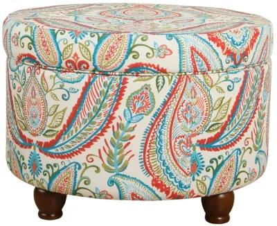 Paisley Pattern Fabric Upholstered Wooden Ottoman with Hidden Storage, Multicolor - Benzara