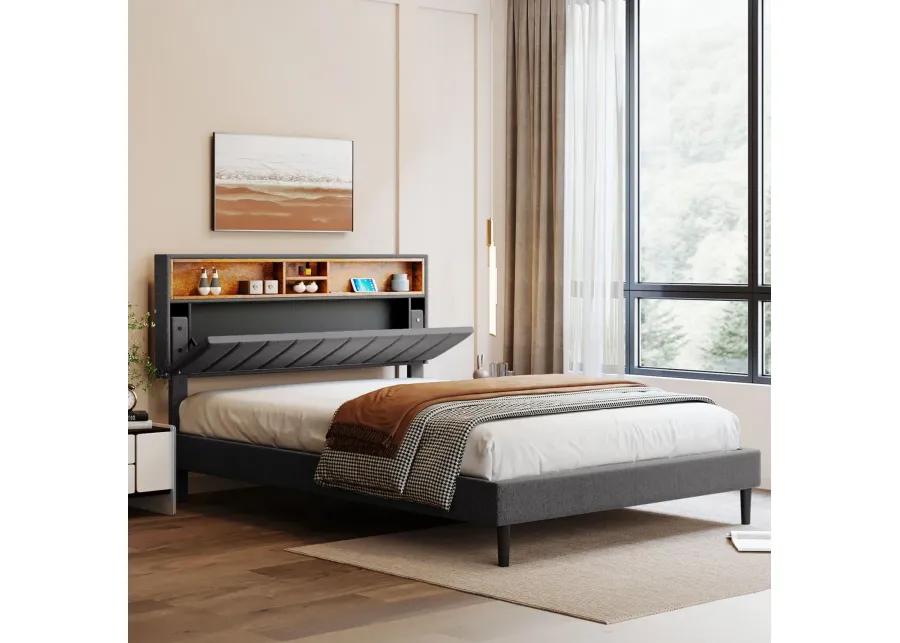 Queen Size Upholstered Platform Bed with Storage Headboard and USB Port, Linen Fabric Upholstered Bed