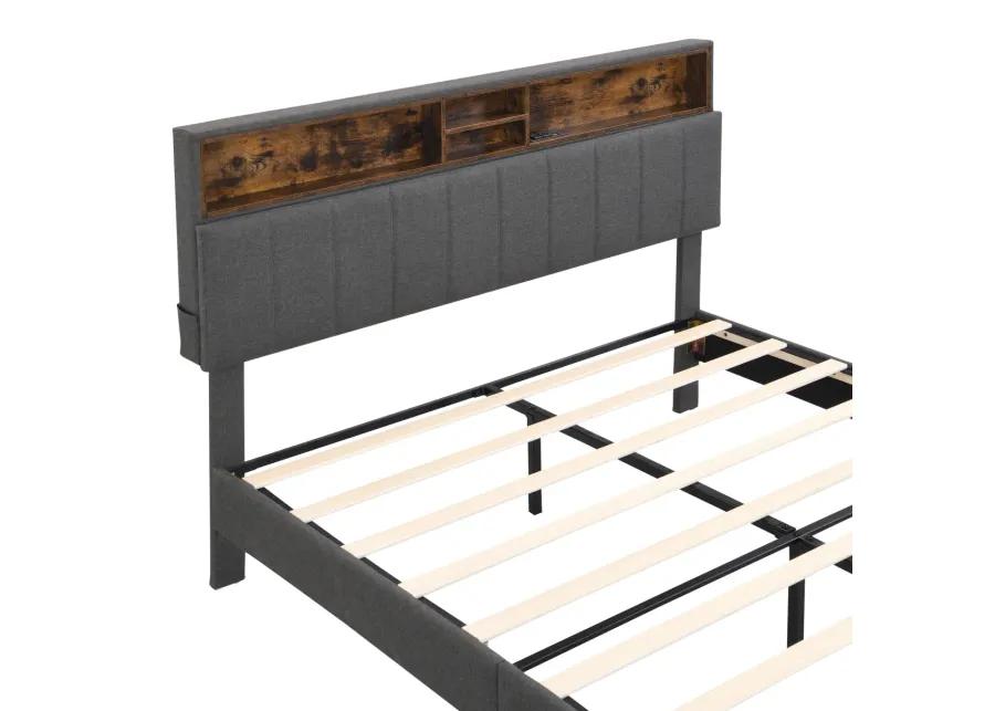 Queen Size Upholstered Platform Bed with Storage Headboard and USB Port, Linen Fabric Upholstered Bed