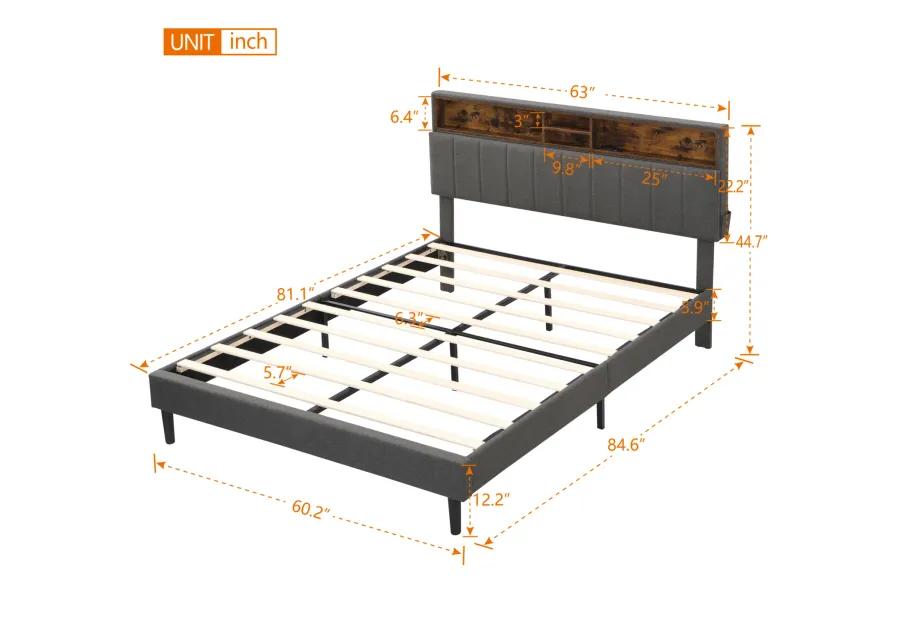 Queen Size Upholstered Platform Bed with Storage Headboard and USB Port, Linen Fabric Upholstered Bed